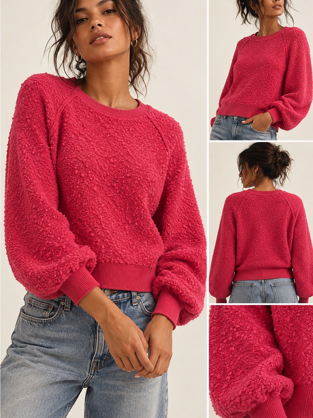 Free People Raspberry Pink Bouclé Crewneck Sweater
